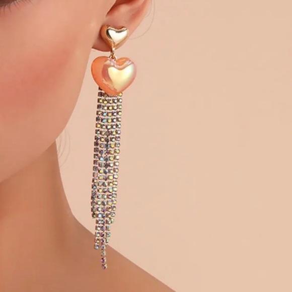 NOIR long tassel rhinestone heart shaped drop dangle earrings- New - Picture 1 of 10